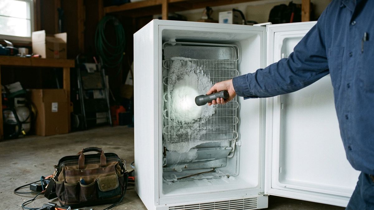 Flashlight on frost build-up inside an upright freezer